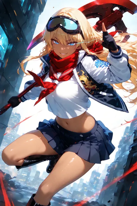 score_9, score_8_up, score_7_up, score_6_up, score_5_up, score_4_up,anime artwork masterpiece,best quality, unreal engine, ultra res, extremely detailed, One Girl,blonde hair,long hair,blue eyes,Glowing Eye Trail,tan skin,biker goggles on head,black sailor...