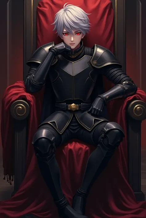  boy、knight、 red eyes、Short Hair、 Black Armor、Sit with your legs spread out on the demon king's throne、 fearless smile 、Cheek resting on hand、Place your hand on the armrest、whole body