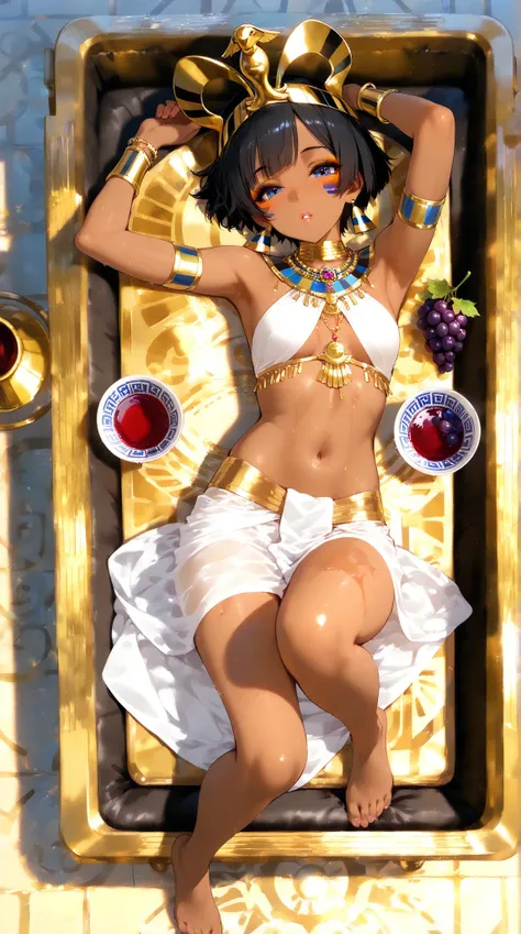 Egypt, Egyptian palace, sun, luz sunar, 1female, \( short hair , Bowl cut,  black hair, brown skin,  small breasts,  black eyeshadow ,  blue eyes,  lips painted black ,  barefoot, Egyptian crown, bracelets , necklaces\), relaxed,  lying on a stretcher , dr...