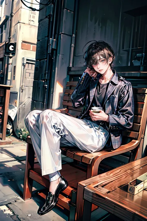 Full-body view, a mansitting on a wooden box, 8K resolution, high detail, around 20 years old, (one male:1.5), bored expression, black hair, slightly long hair:1.5, messy hair, drooping eyebrows, downturned eyes, pitch-black eyes, chic outfit, checkered ja...