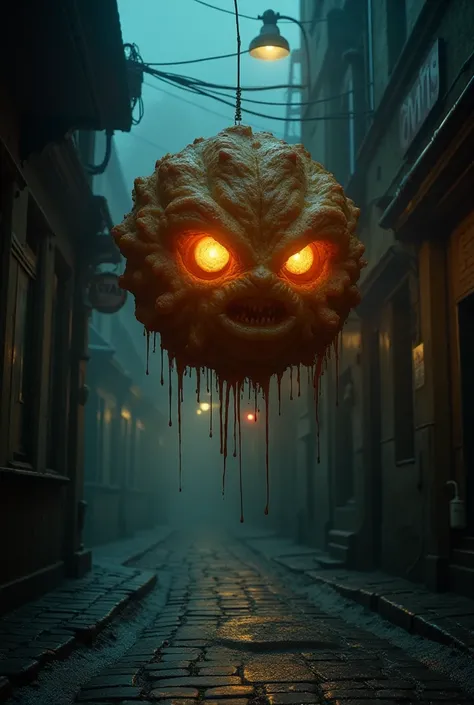 "A dark alleyway in Vilnius at midnight, mist covering the dimly lit street. Emerging from the shadows is Cebūrėkas, a monstrous deep-fried pastry with glowing, oily eyes and a crispy, golden-brown crust. Greasy drips fall from its jagged edges. The atmosp...