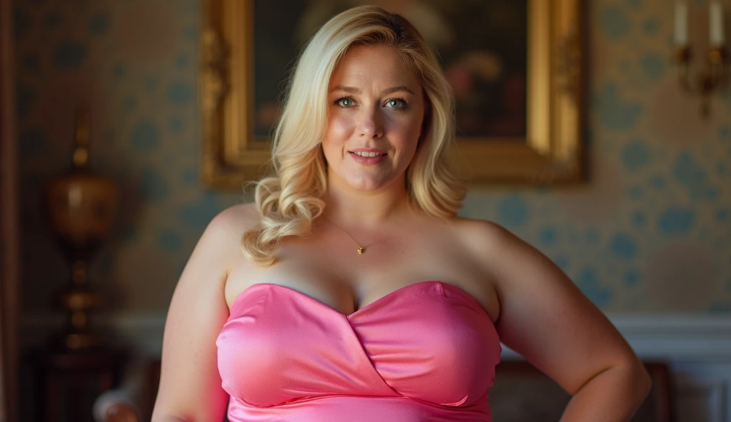 blonde woman with alluring eyes and wearing a pink strapless dress, this person does not exist, mouth slightly open, french facial features, mature facial features, 40 years old, plus-sized woman, plump, curvaceous, shapely, voluptuous figure, marilyn monr...