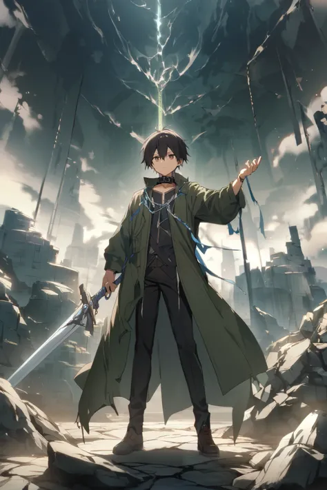  one boy、 black hair and brown eyes 。
Height 175、body weight 65、 like this is tall and has a dark green coat with a light blue chain decoration on the collar。
He holds a large sword in his right hand

A ruined world