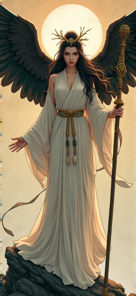 Sexy woman mythological era an eagle spreading wings holding a staff a picture, by Miyazaki,  sōsaku hanga, fine details. anime, Hayao Miyazaki\'s movies,