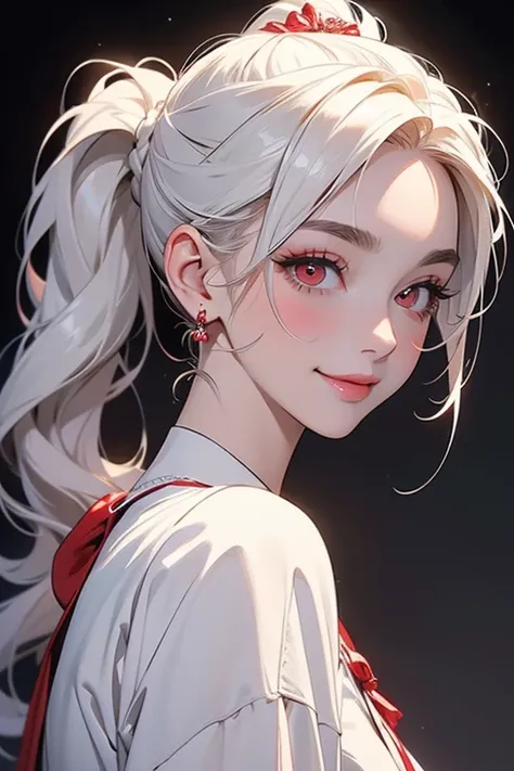 ( top quality,  Masterpiece:1.2),  high resolution,  very detailed,  is present:1.37,  fantasy,  illustration , Her hair is white.です、( Red Eyes). queen, white dress.Platinum decoration、 beautiful、 eyeshadow red 、 thick eyebrows、long eyelashes、Her hair is w...