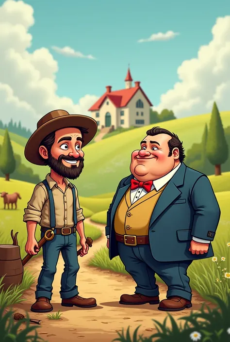 Create me a cartoon between a poor farmer and a rich unemployed