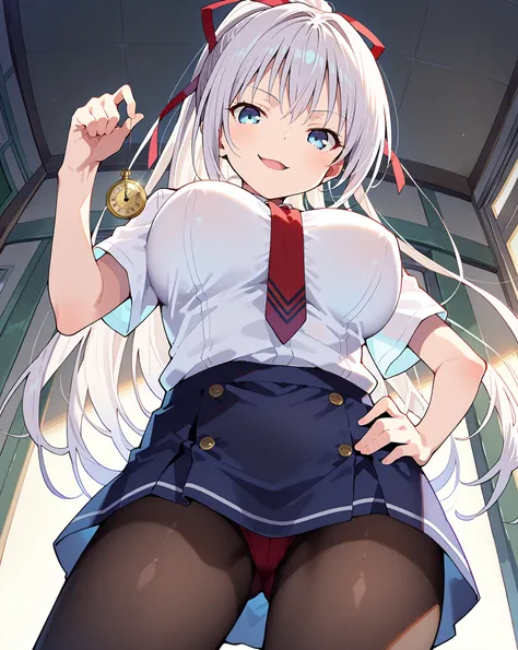 score_9, score_8_up, score_7_up, 1girl,solo, seduce, seductive, beautiful smile, smirk, breasts, large breasts, thick thighs, classroom door, prestige school, she is holding a pendulum in one hand \(hypnotist holding a pendulum\), (holding pendulum) \(pock...