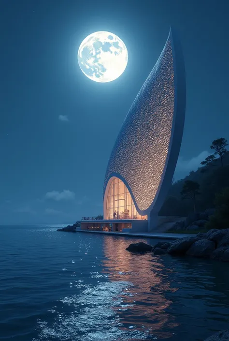 Beautiful romantic night pearl design wide curved building with full moon by the sea 