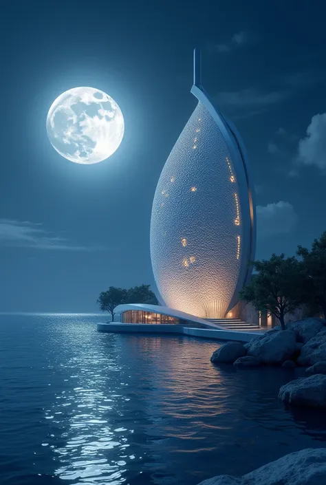 Beautiful romantic night pearl design wide curved building with full moon by the sea 