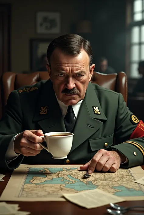 Adolf Hitler in a dimly lit war room, sipping coffee with a teaspoon nearby. Intense focus on his face as he studies a strategic map. 1940s atmosphere, vintage military setting.