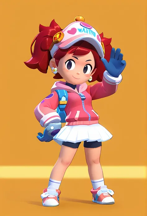 best quality, masterpiece, highres, detailed, digital artwork, SayakaYumi, mini twintails hair, red hair, black eyes, big head, blue gloves, pink hoodie, white skirt, shorts under skirt, ready to battle, blush, white socks with a pink stripe, orange tennis...