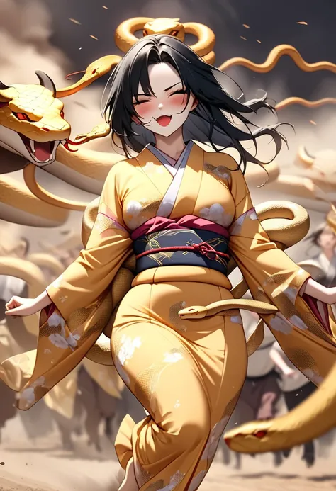 ( Masterpiece,  top quality:1.2),  female 1 person,  alone,  in the form of desperation, Snake goddess with long black hair, Golden Snake , short sprint form , Gorgeous Kimono, They are desperately running away from the furious pursuit of fierce bulls , Sm...