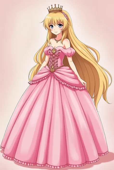 A girl,  glamorous, big boobs and big ass,princess crown,Blonde, straight hair, looks just like a  Hoshino,A tall ,Pink Princess Pretty Long Dress ,pink eyes, Thin lips ,Very cute and pretty like a doll ,Draw me a real picture that looks like a favorite 