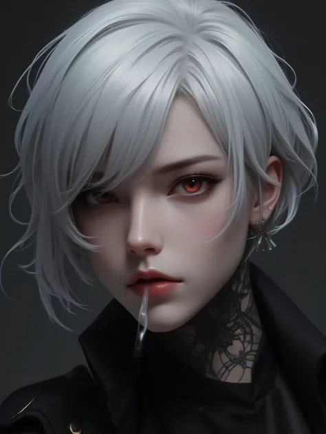 Masterpiece, best quality, 8k, highest quality, best graphic, beautiful eye, beautiful lip, beautiful background, woman, white hair , red eyes , Has a spider tattoo on his neck. , smoking , Bad Boy , mafia , wearing a black suit ,  injury , Masterpiece , b...