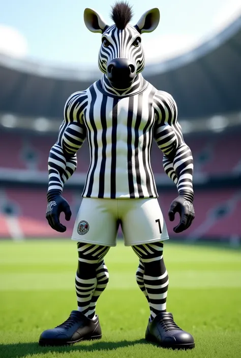 I want to create a 3D mascot of an imposing muscular zebra with a white soccer team jersey with vertical black stripes and white shorts and black soccer boots