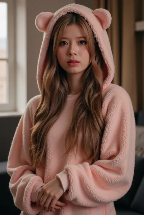 A cozy indoor scene featuring a young woman dressed in a soft, fluffy, pale pink hoodie, capturing an intimate moment. The hoodie has large, rounded ears on the hood, adding a playful character. Her long, wavy hair cascades down her shoulders, showcasing a...