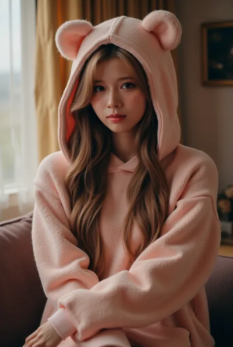 A cozy indoor scene featuring a young woman dressed in a soft, fluffy, pale pink hoodie, capturing an intimate moment. The hoodie has large, rounded ears on the hood, adding a playful character. Her long, wavy hair cascades down her shoulders, showcasing a...