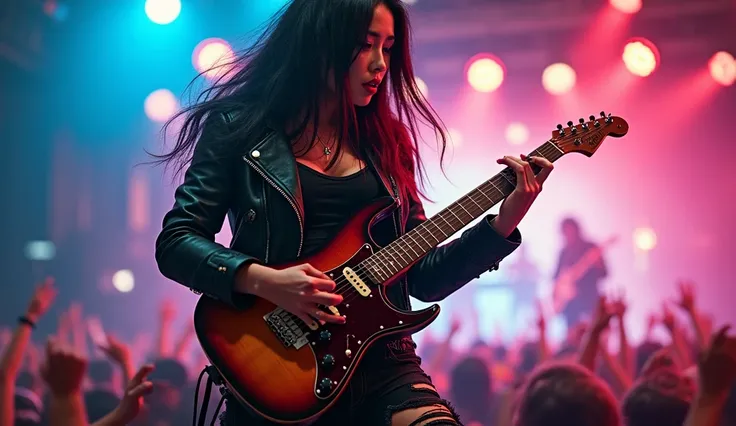  A stunning Japanese rocker woman with a curvy figure, wearing a leather jacket with studs, ripped jeans, and combat boots. She has long, jet-black hair with vibrant red highlights, styled in a wild, windswept look. Her makeup is bold, with dark eyeliner a...