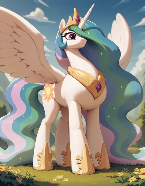   pony princess Celestia woman  , gigantic big wings  , (  extrim gigantic pony body the biggest pony in the world)