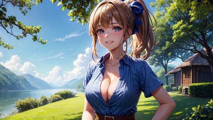 1girl, summer, trees, house, fantasy landscape, water, light brown hair, ponytail, large full breasts, dark blue eyes, large shiny eyes, ((colorful shirt)), ((unbuttoned shirt)), ((short sleeved shirt)), (cleavage), skirt, grin, laugh, looking at the viewe...