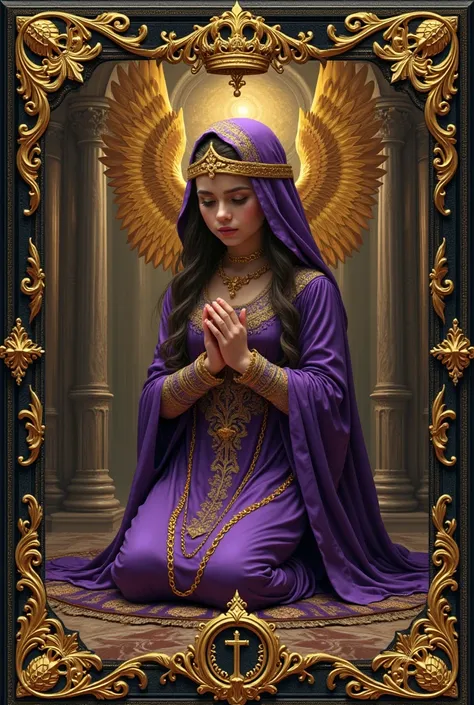 A book cover weaved with rich golden threads, a girl dressed in Arabian purple royal gown kneeling her hands binded in golden threads like chains, her expression should be anguish, a goldly figure looming over her with a tapestry, the title should be the w...