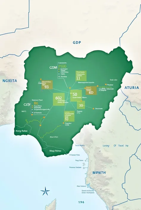 map of Nigeria overlayed with economic indicators, illustrating GDP, inflation, and oil production
