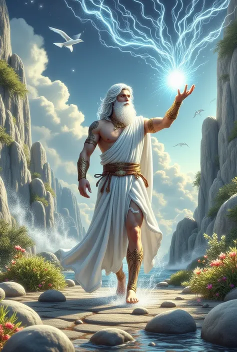 zeus, The mighty god of Olympus ,  walks majestically through the gardens of his castle .  Wearing a white robe that flows with the divine breeze ,  its golden bracelets on its arms and legs They shine with the reflection of heavenly light.  His long white...