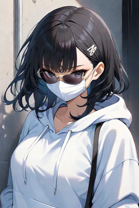 woman、 black hair、Shorter than shoulders、 sunglasses、I'm wearing a white mask、 hoodie