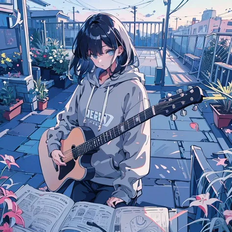  Masterpiece, 8k,  top quality,  your face is clear,  beautiful face, (   Medium Hair  ,   gray hoodie ,  Long Sleeve, ),  garden,A woman plays a guitar、shout,whole body、 angle from above 