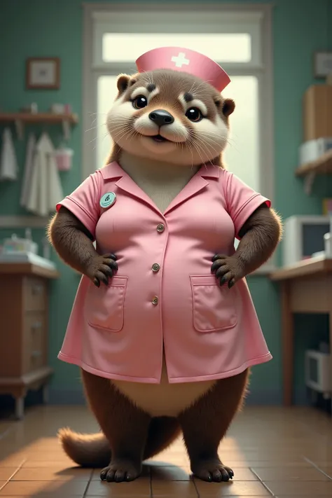 photorealistic portrait of Dressed animals - a ((fat)) (baby otter) nurse,(),(elegant pose:1.2),(furry),(hands on hips:1.2), (happy smile:1.5),(happy),high quality,(lovely) ,intricate details, highly detailed ((pink nurse clothes)), wearing nurse cap tops ...