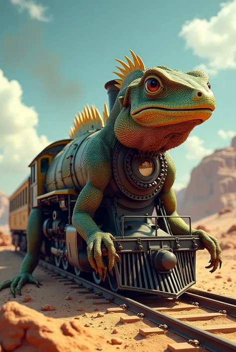 Design a surreal hybrid image that seamlessly blends a train and a lizard. The train should form the main structure, with the lizard's scales, texture, and features intricately integrated into the train's body. The lizard's head could replace the train's f...