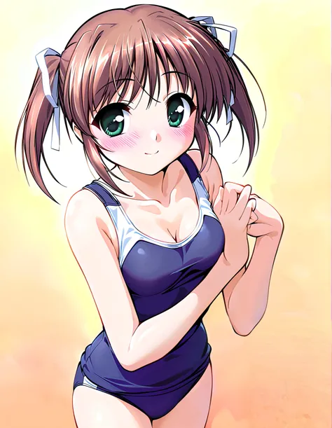 Asagiri Mai, Alone, (cowboy shot),  brown hair, short hair,  hair ribbon, twintails,  green eyes,  small breasts, cleavage, (buruma), (Red cheeks:1.2), (bright smile:1.1), (shy), ( cute pose),  score_9,  score_8_superior,  score_7_superior,  source_anime, ...