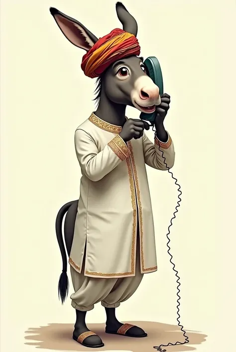 A donkey wearing white Pathani  desi  shalwar kameez and turban talking on telephone 