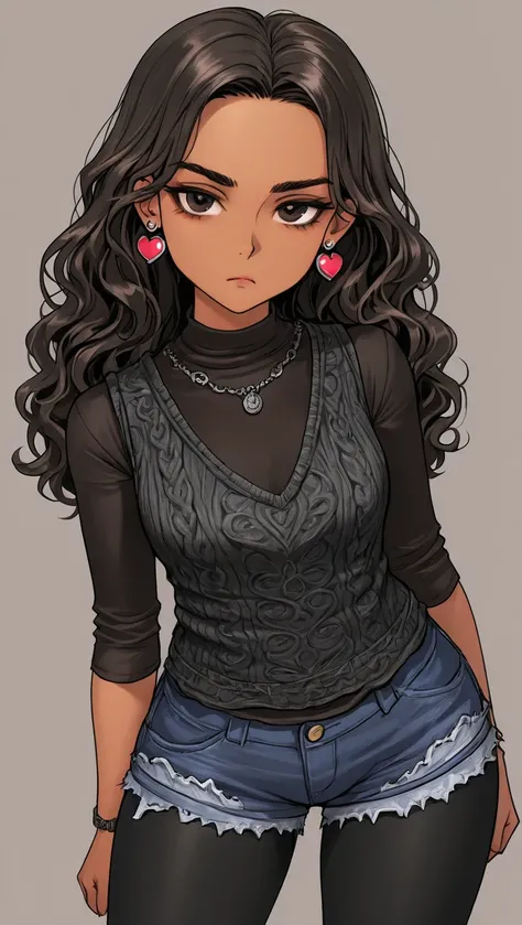 1Girl, Mature, Hispanic, Mexican, Latina, Dark Skin, Long Wavy Hair, Brunette Wavy Hair, Brown Eyes, Medium Chest, Black Tight Long-Sleeved Undershirt, Black Knitted Vest, Black Cut-Off Shorts, Black Leggings, Jewelry, Heart Earrings, Looking At Viewer, Bo...