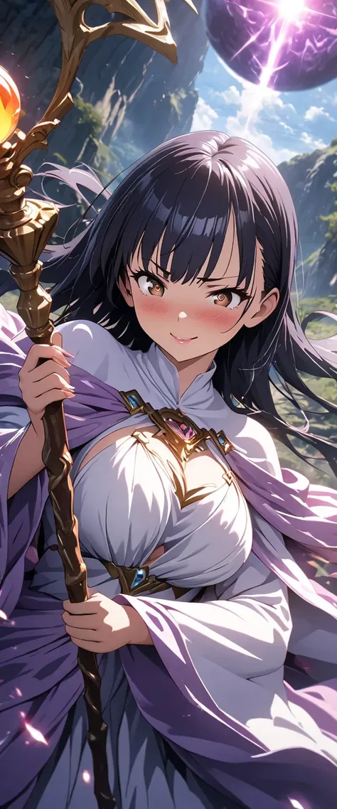 (beautiful girl:1.3), solo, (((wizard holding a magical staff))), yamada anna , dark blue hair, asymmetrical bangs, brown eyes, Ultra-detailed eyes, beautiful detailed face, beautiful glossy lips, beautiful breasts, Glowing Skin, embarrassed smiling expres...