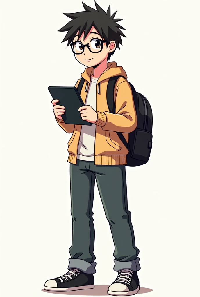 a cartoon man with glasses and a backpack holding a tablet, a character portrait inspired by Iwao Takamoto, pixiv contest winner, shin hanga, character full body portrait, full body character portrait, full-body character portrait, character portrait of me...