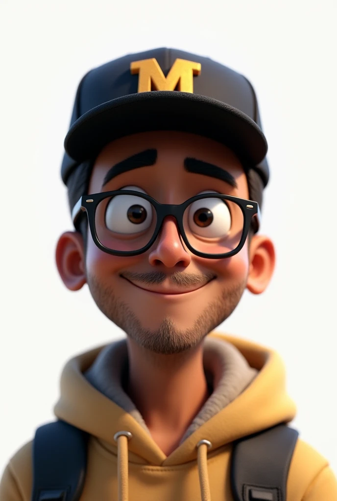  Pixar-inspired 3D poster that captures a white background with a 30-year-old man's square face, brown skin with black hair wearing glasses wearing a black cap with the letter m on the cap  