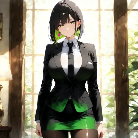 masterpiece, (((( best quality )))),1 girl, Japanese Anime ,character profilele,shiny skin, wearing a black suit,skirt suit, black tie , dark hair, short bob hair,The inner color of the hair is green, green eyes,isosceles triangle earrings, black tights,la...