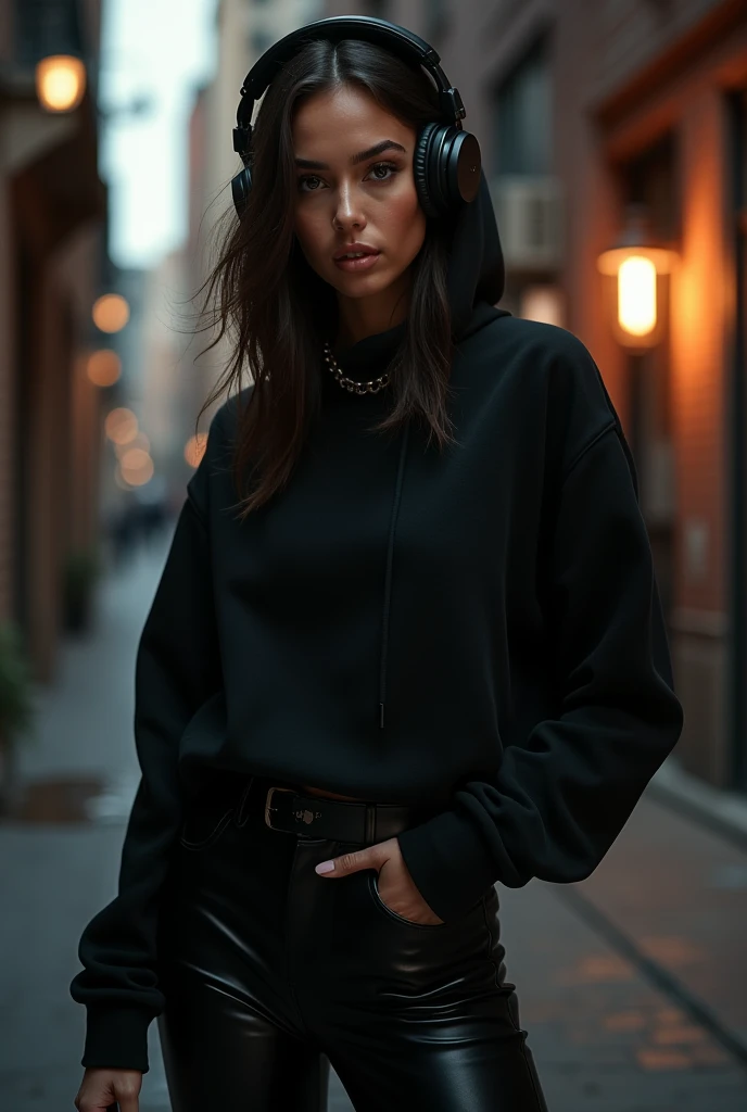 Beautiful White Girl In Hip Hop Style Wearing Headphones, Hoodie And Black Leather Pants