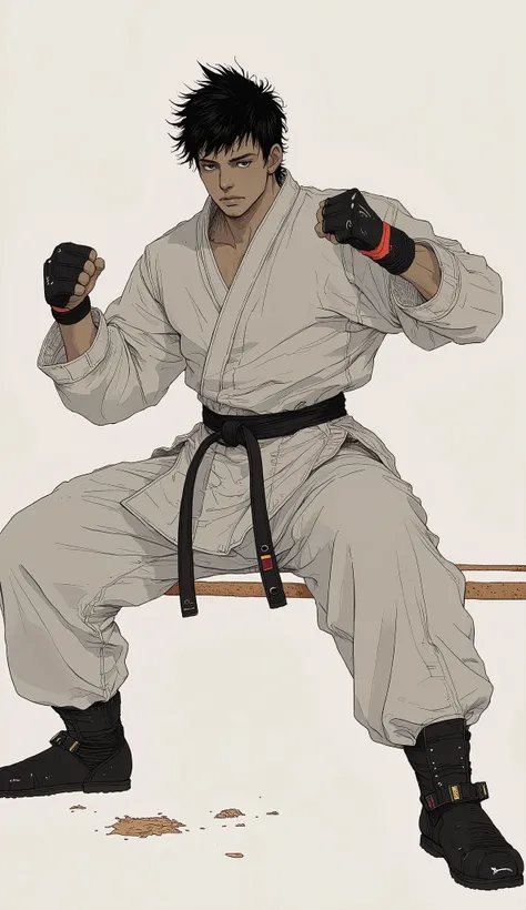 A karateka who has cut his army, Black Belt、 handsome、Fighting Gloves、Fighting Heel Cover 、 dynamic poses、 anatomically correct