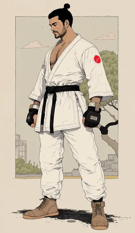 A karateka who has cut his army, Black Belt、 handsome、Fighting Gloves、Fighting Heel Cover 、 dynamic poses、 anatomically correct