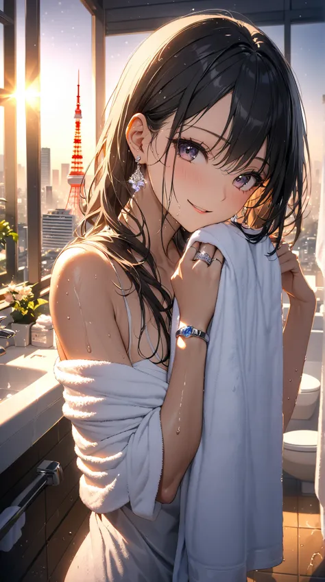 Masterpiece, highest quality, super detailed, high resolution, 16k, 1 girl in uniform, black long hair, earrings, bathroom, building in the background, Tokyo Tower, night view, seductive, coquettish, seductive sensuality, wet, (backlight: 1.5), bath towel,...