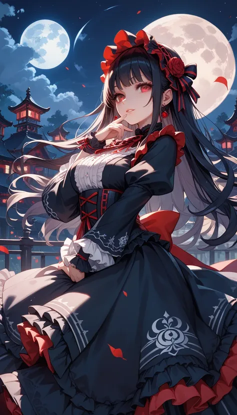 1girl, black long hair, red eyes, Gothic Lolita dress,moon light, in the night, mysterious,Japanese style background,masterpiece, ultra detailed,high quality 