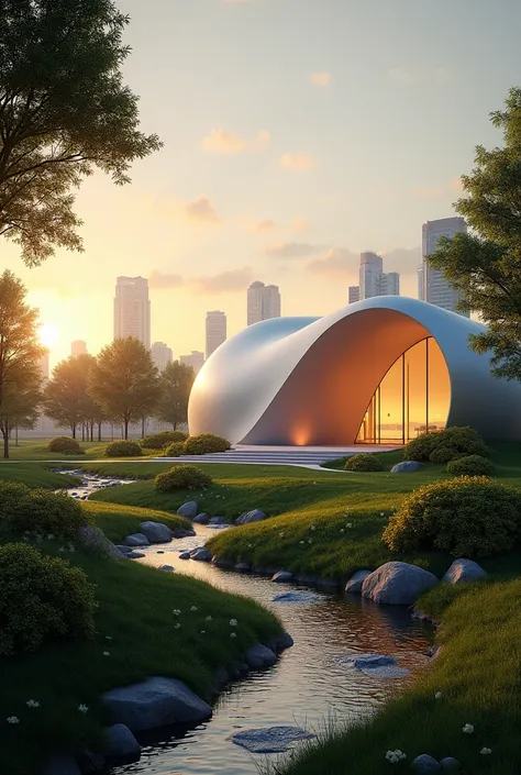 PEARL DESIGN WIDE SHORT CURVED BUILDING IN A PARK IN A METROPOLITAN PARK WITH A STREAM AND A SUNSET AT DUSK 