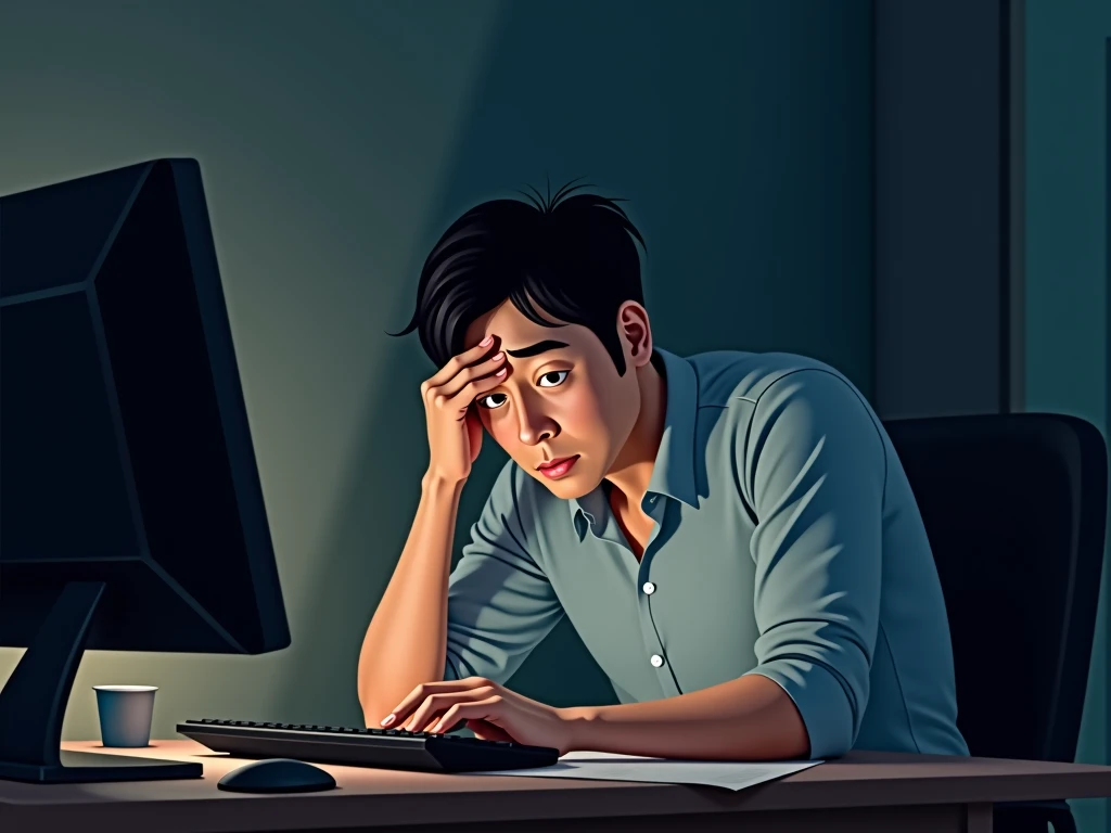 Korean man sitting at his desk rubbing his eyes and looking tired, A computer and keyboard are placed on the desk