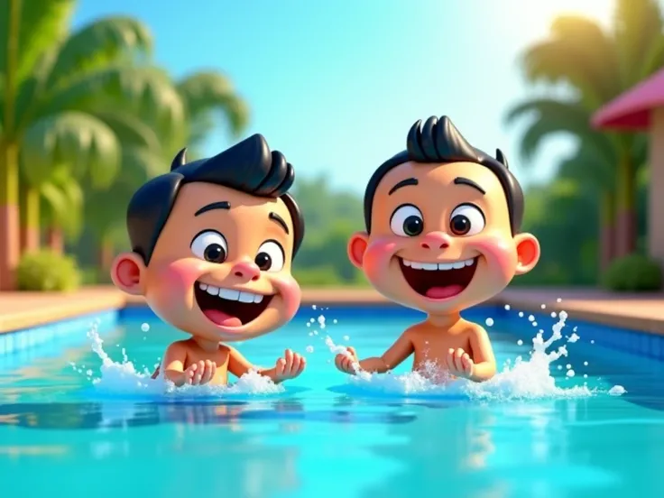 Make upin ipin swimming in the swimming pool