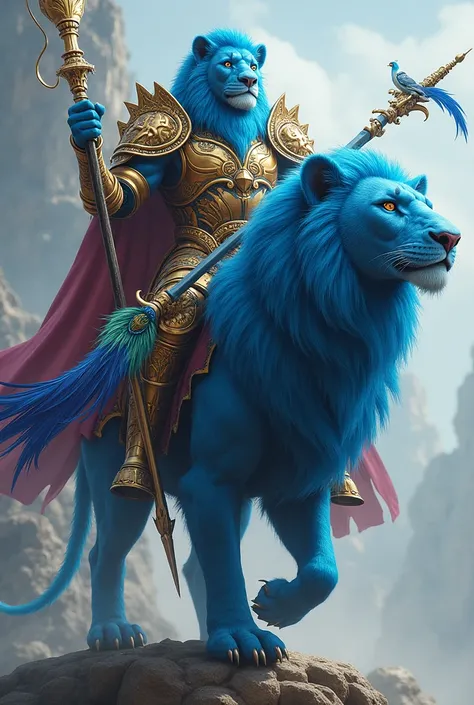 Champion ,  body in armor  ,  head with a blue lion ,  on a needle with a pair of pheasant feathers,  5-pointed beard ,  riding a blue lion  