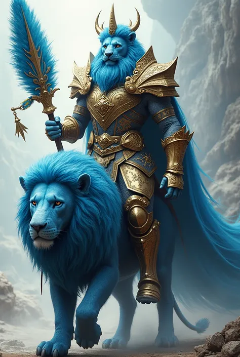 Champion ,  body in armor  ,  head with a blue lion ,  on a needle with a pair of pheasant feathers,  5-pointed beard ,  riding a blue lion  