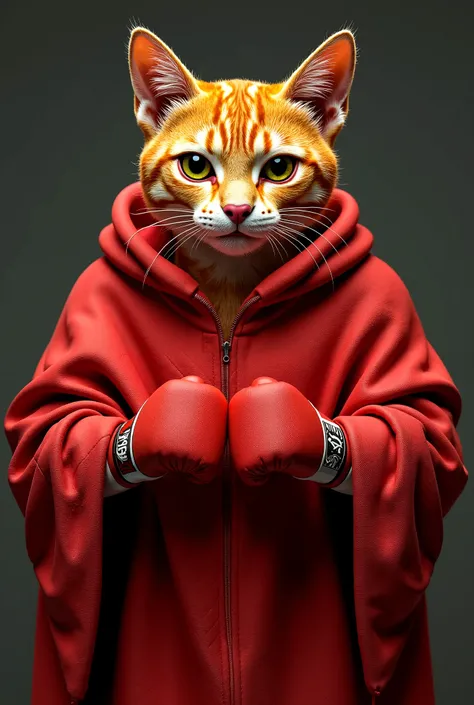 The orange cat-headed man is a boxer wearing a red duvet