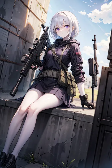 Tall、 beautiful、 white skin、 long legs 、 shortcuts、 purple eyes、cool、Break、quiet、 white hair、 assault rifle、 Army、 Special Forces